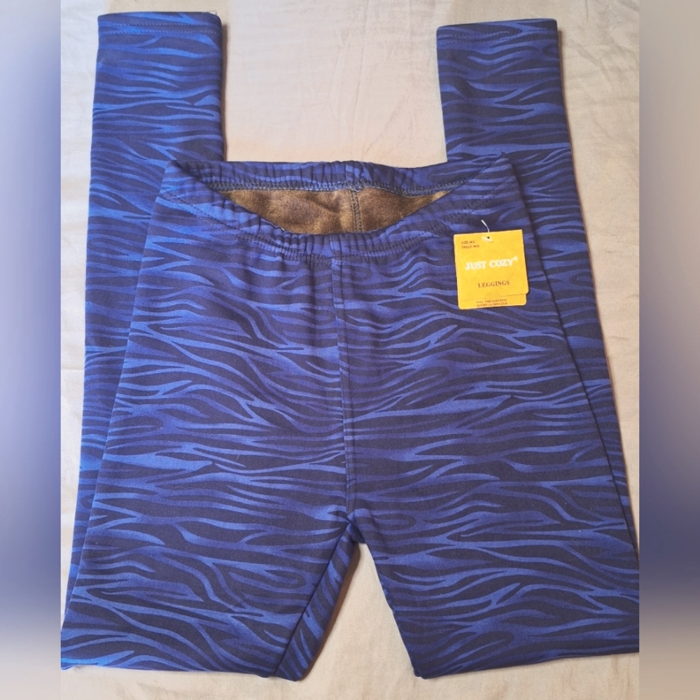 NWT Just cozy leggings M/L fleece lined blue navy zebra print